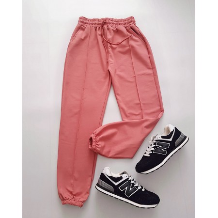 Pantaloni dama casual roz tip jogger cu banda pe mijloc